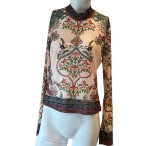 Peach Cream Multi Romantic Floral Mesh Mock Neck Long Sleeve Top Size Large